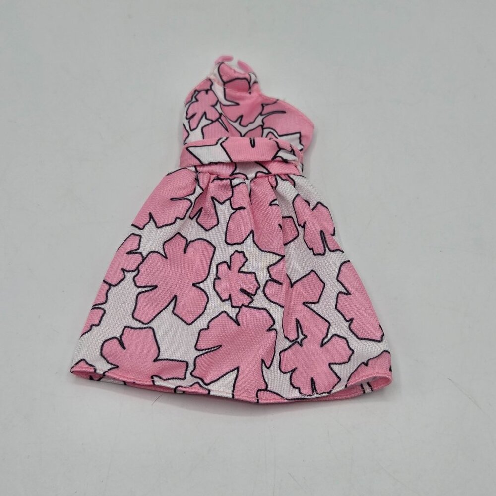 Barbie Doll Dress High Neck With Necklace Bubble Gum Pink & White Floral Pattern